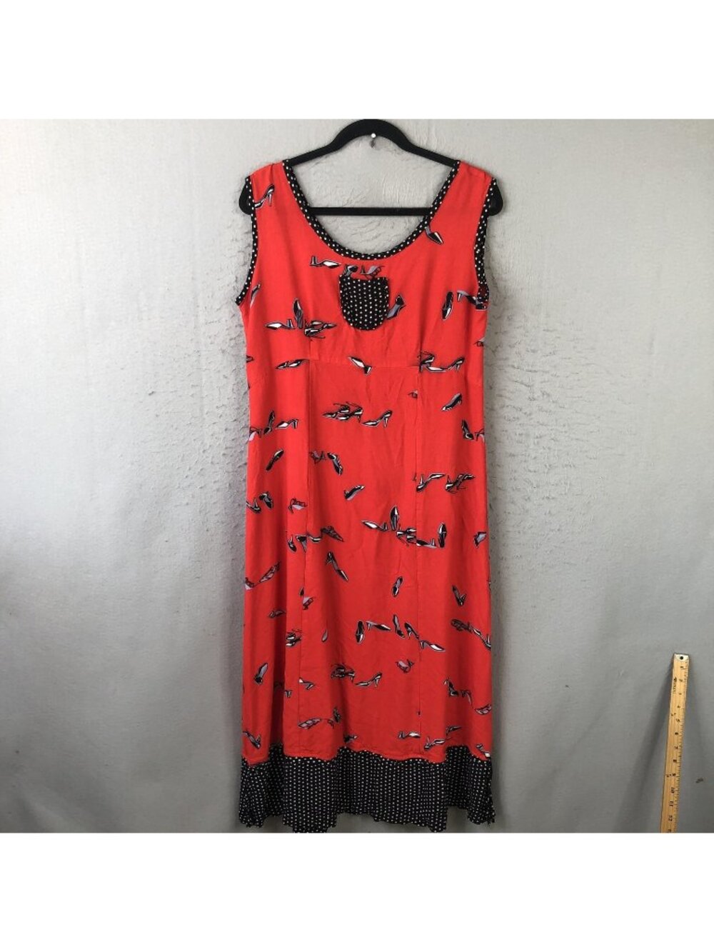Vintage Cactus Flower Dress Womens L Red Shoe Print Maxi Pockets USA Polka Dot